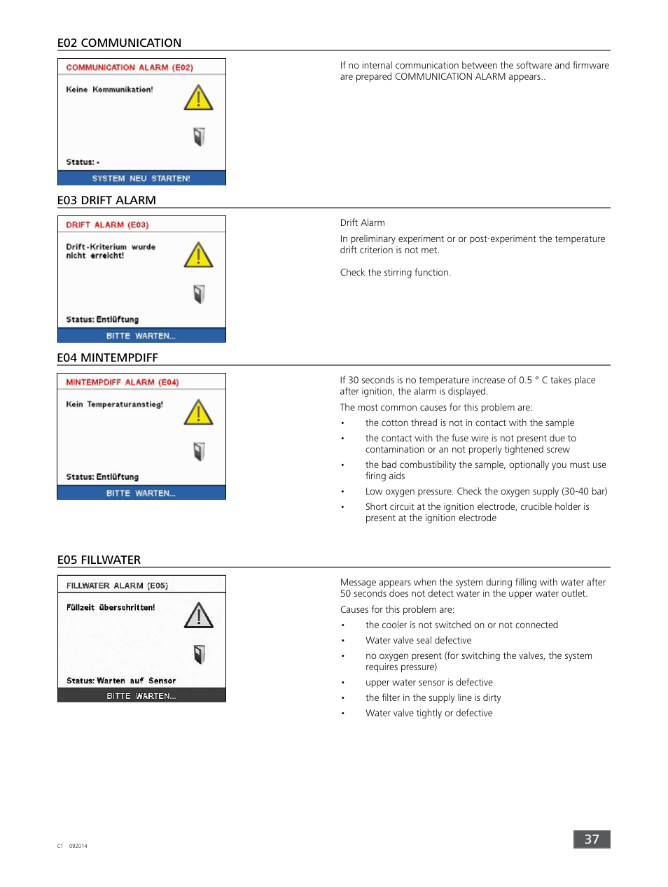 E02 communication, E04 mintempdiff, E05 fillwater | E03 drift alarm | IKA C 1 Package 1/10 User Manual | Page 37 / 44