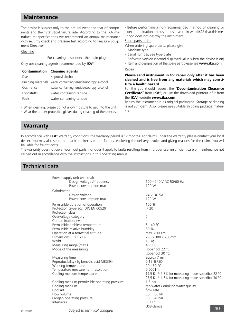 Technical data, Maintenance warranty | IKA C 1 Package 1/10 User Manual | Page 40 / 44