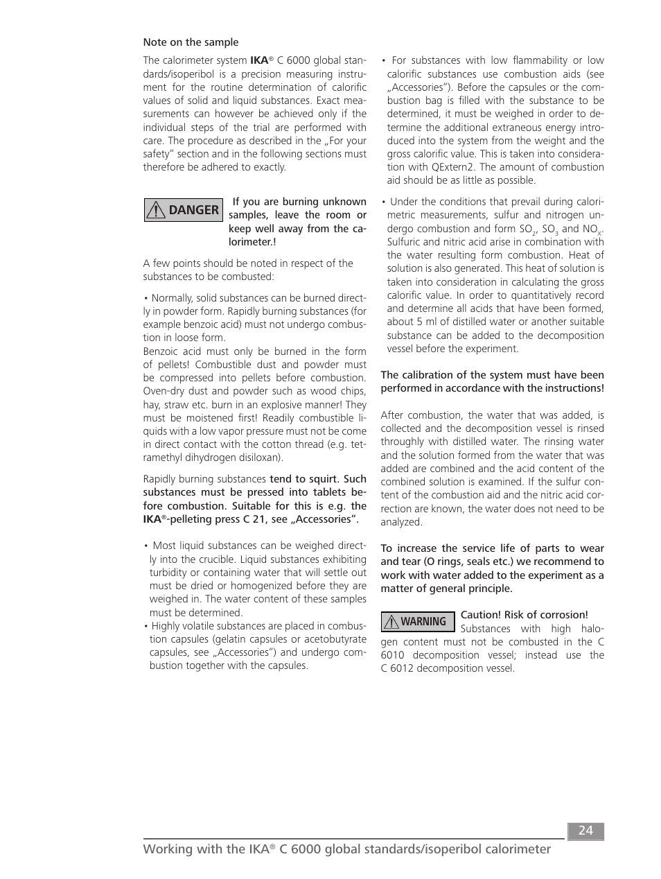 Danger working with the ika, C 6000 global standards/isoperibol calorimeter | IKA C 6000 isoperibol Package 2/12 User Manual | Page 24 / 64