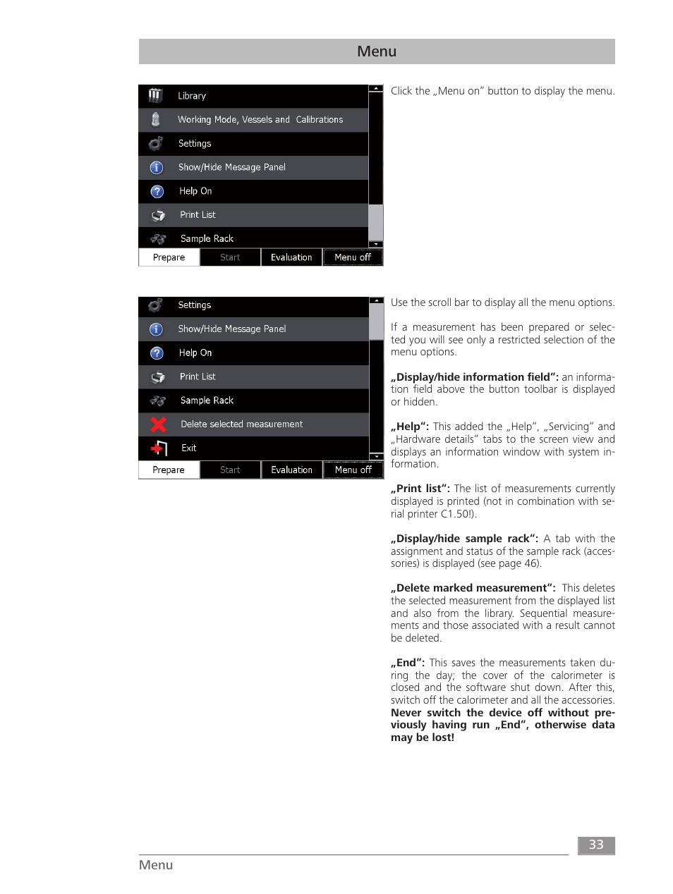 Menu | IKA C 6000 isoperibol Package 2/12 User Manual | Page 33 / 64