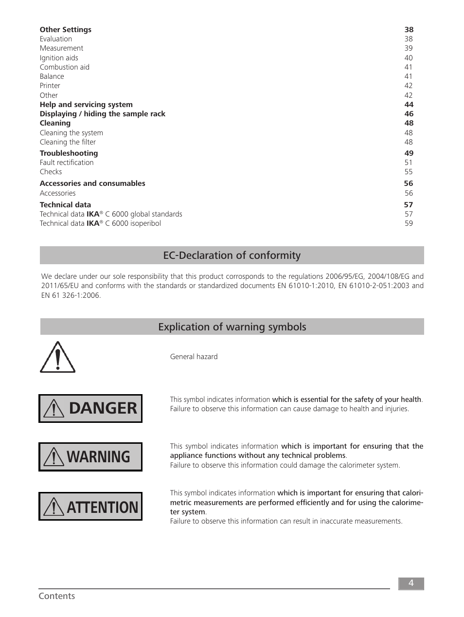 Danger attention warning | IKA C 6000 isoperibol Package 2/12 User Manual | Page 4 / 64