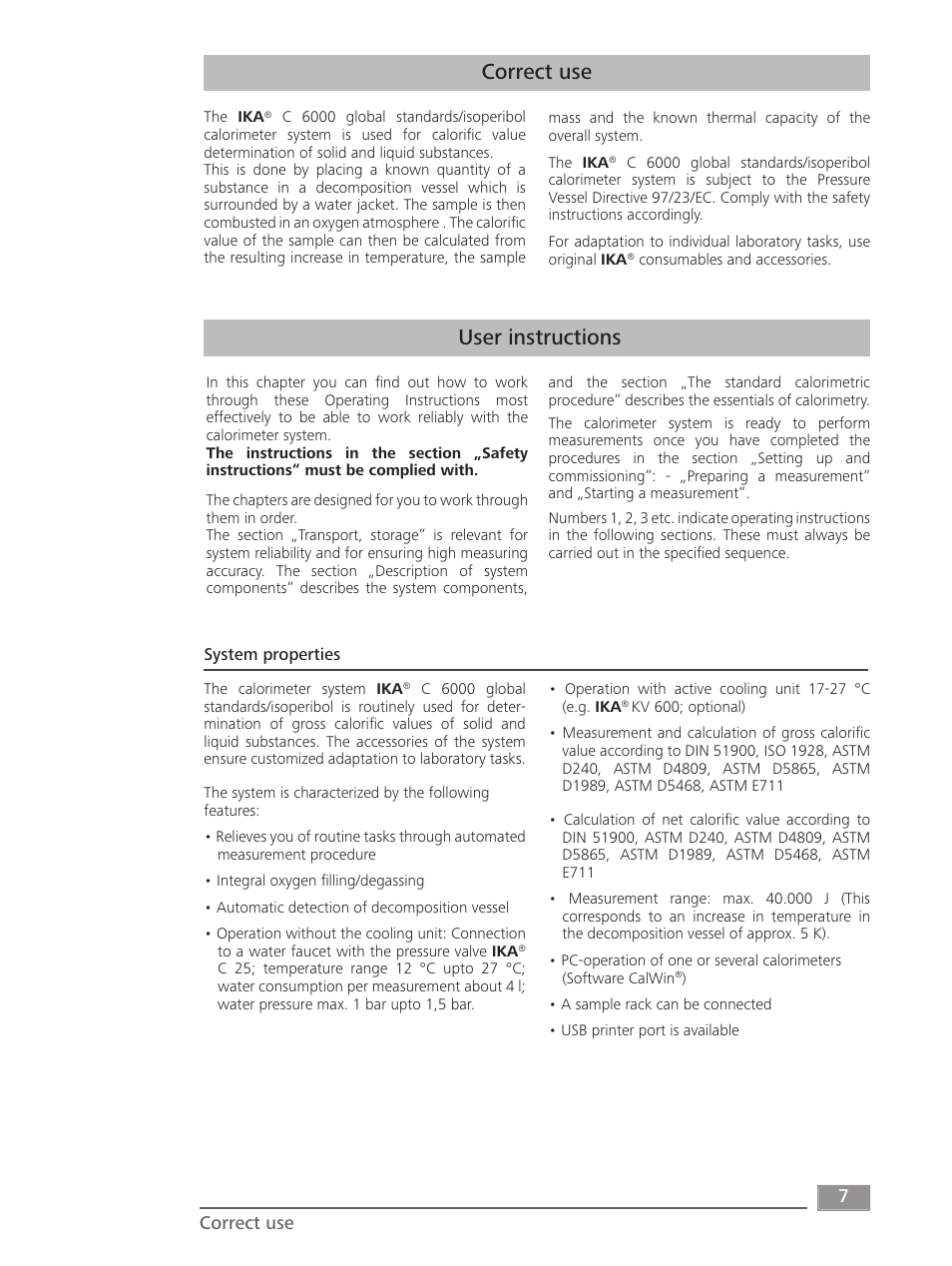 Correct use, User instructions | IKA C 6000 isoperibol Package 2/12 User Manual | Page 7 / 64
