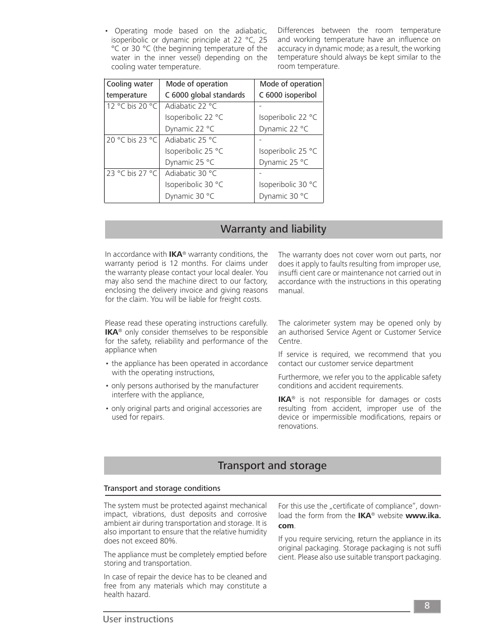 Transport and storage, Warranty and liability | IKA C 6000 isoperibol Package 2/12 User Manual | Page 8 / 64