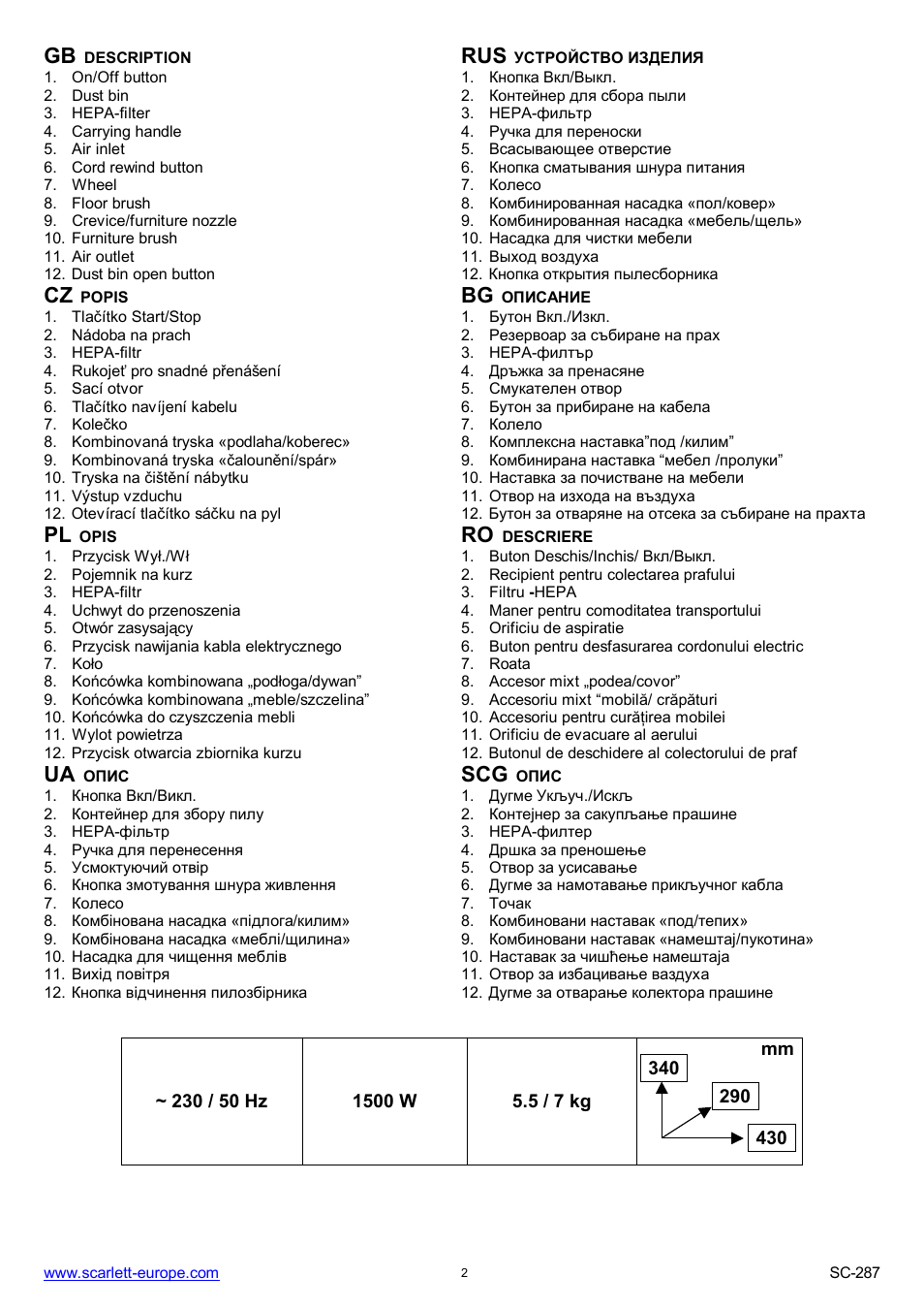 Ua scg | Scarlett SC-287 User Manual | Page 2 / 24