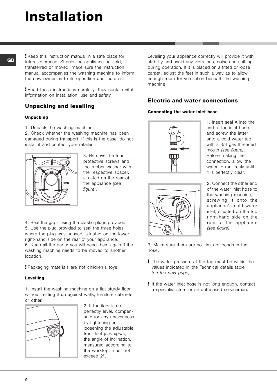 Installation, Unpacking and levelling, Electric and water connections | Ariston AVSD 109 User Manual | Page 2 / 84