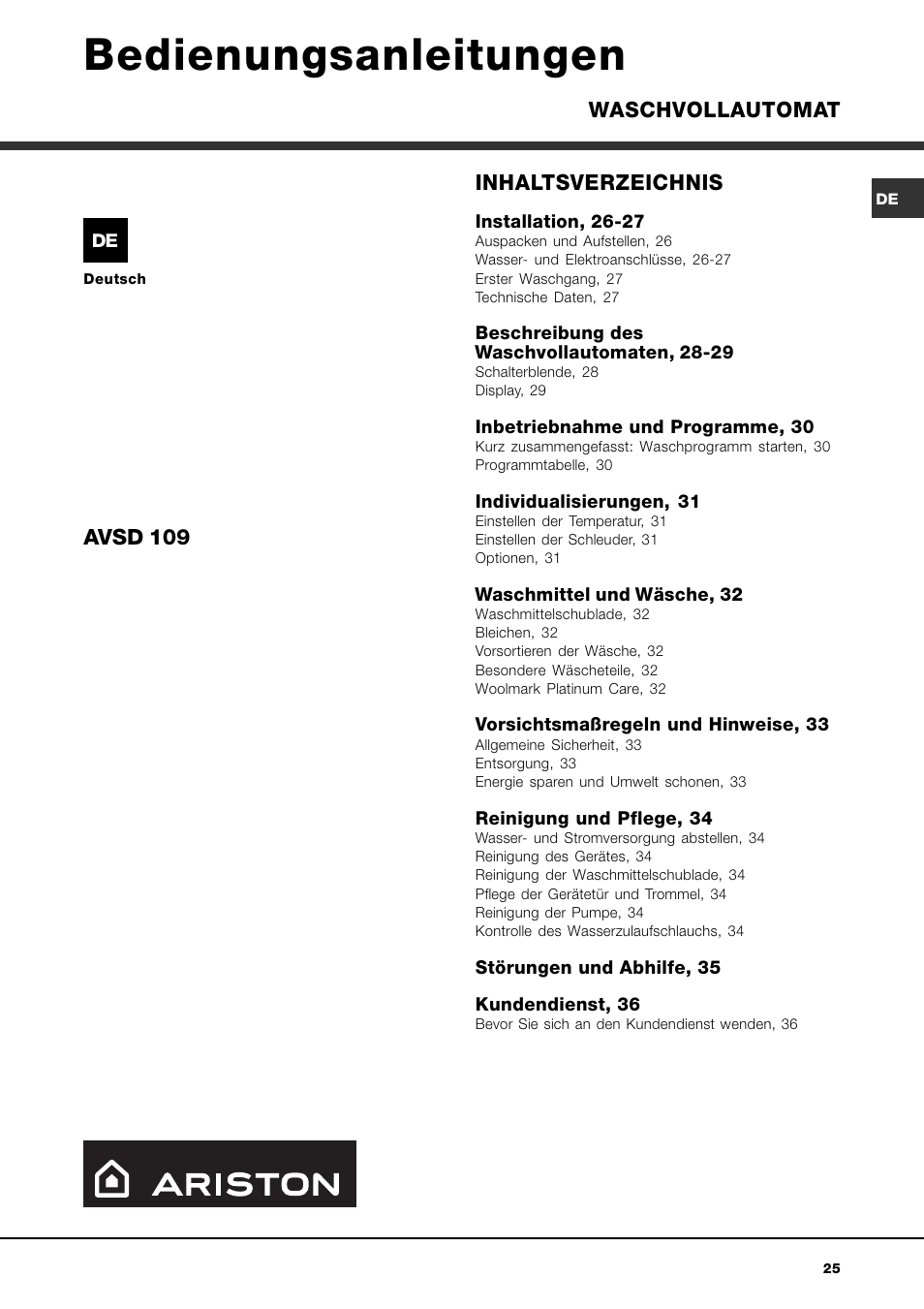 Ariston AVSD 109 User Manual | Page 25 / 84