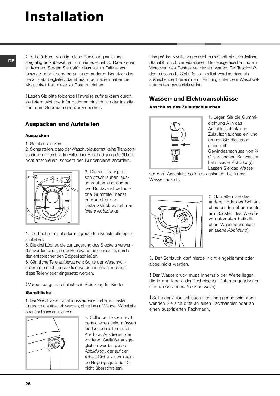 Installation, Auspacken und aufstellen, Wasser- und elektroanschlüsse | Ariston AVSD 109 User Manual | Page 26 / 84
