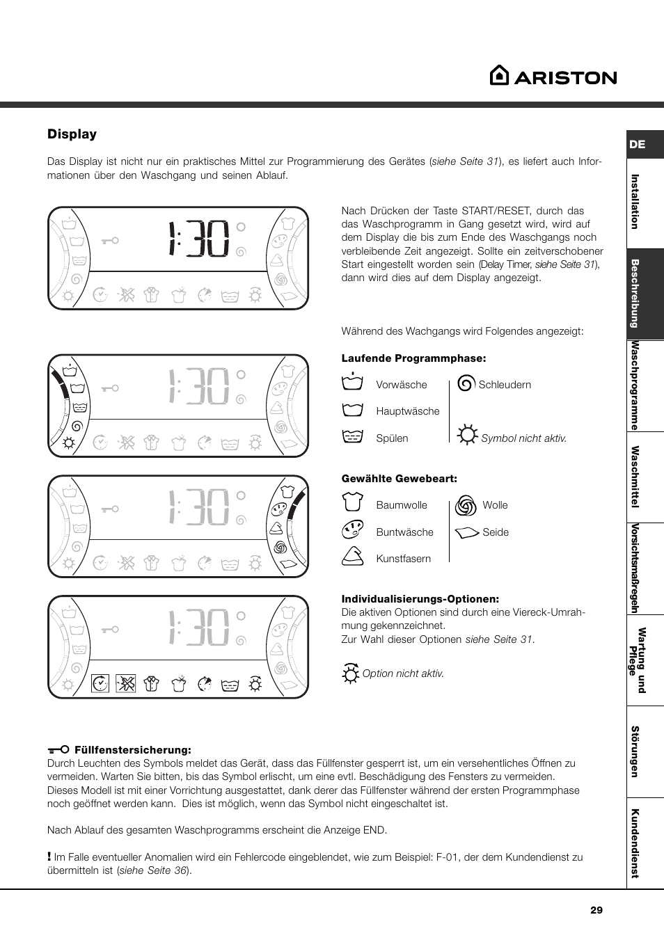 Display | Ariston AVSD 109 User Manual | Page 29 / 84