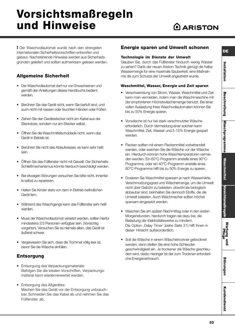 Vorsichtsmaßregeln und hinweise | Ariston AVSD 109 User Manual | Page 33 / 84