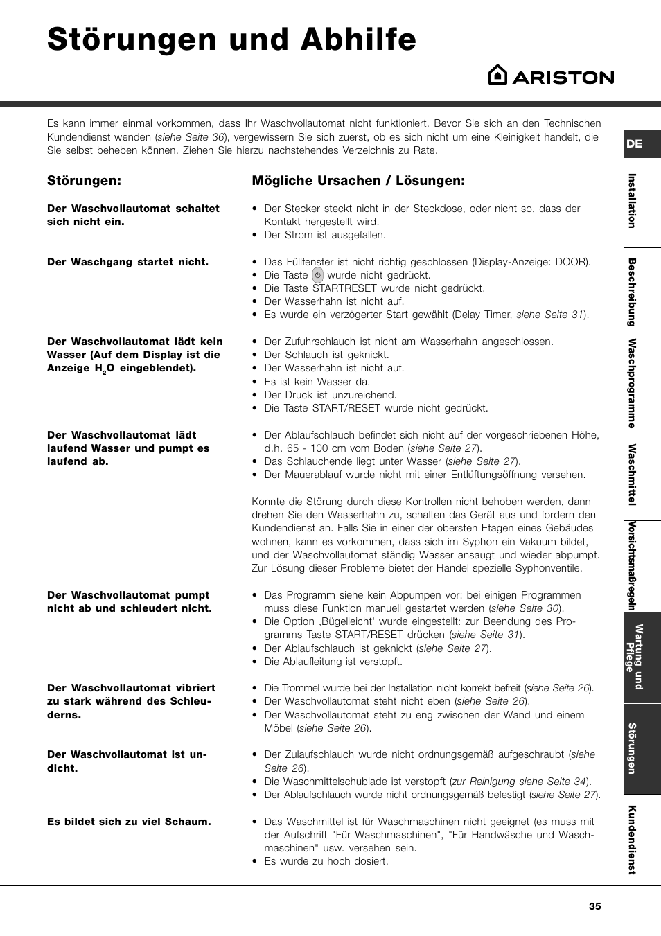 Störungen und abhilfe, Störungen, Mögliche ursachen / lösungen | Ariston AVSD 109 User Manual | Page 35 / 84