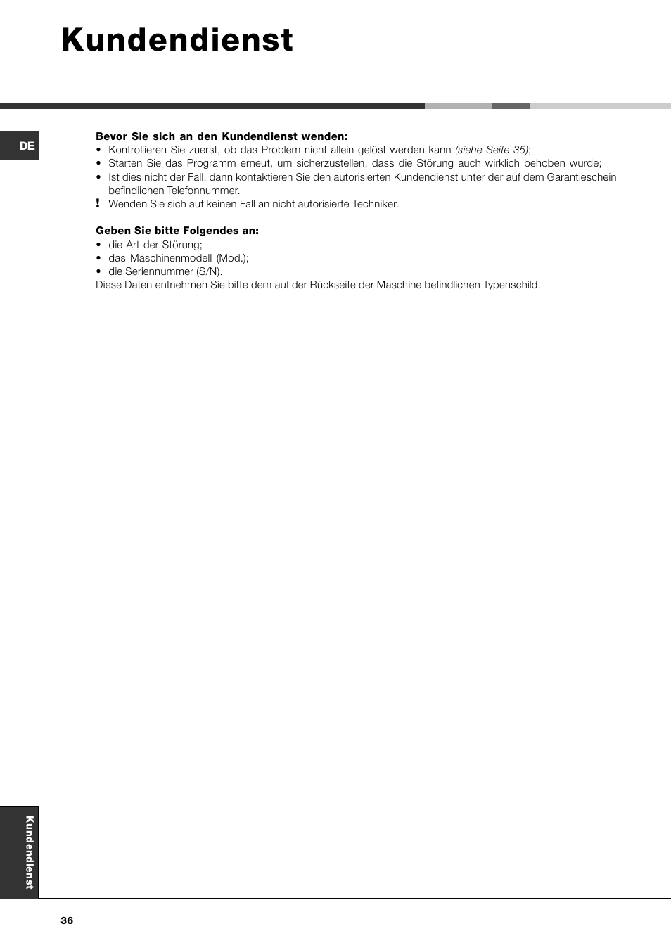 Kundendienst | Ariston AVSD 109 User Manual | Page 36 / 84
