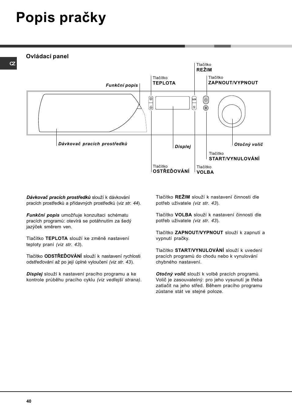 Popis praèky, Ovládací panel | Ariston AVSD 109 User Manual | Page 40 / 84