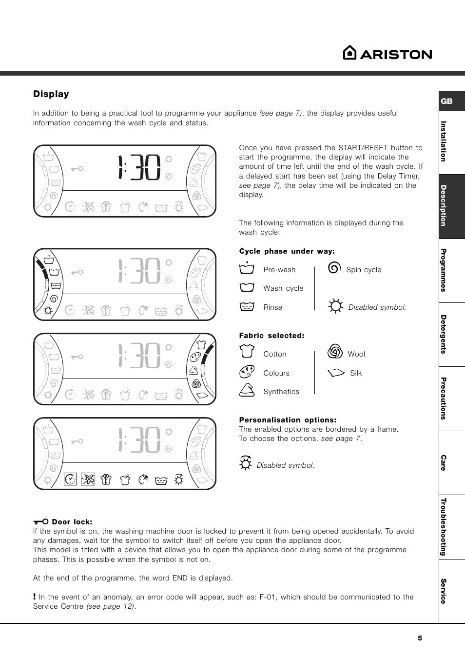 Display | Ariston AVSD 109 User Manual | Page 5 / 84