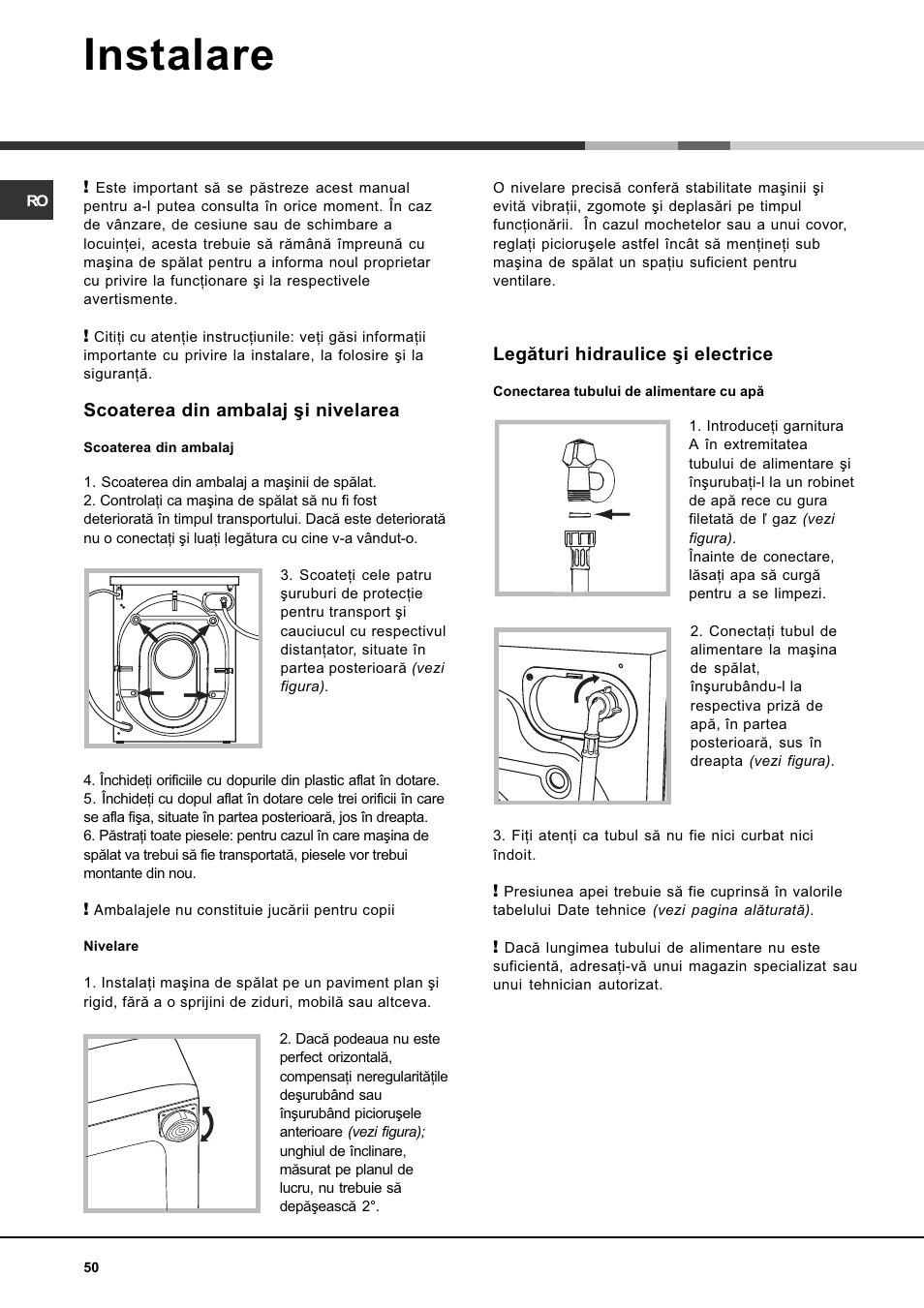 Instalare, Scoaterea din ambalaj ºi nivelarea, Legãturi hidraulice ºi electrice | Ariston AVSD 109 User Manual | Page 50 / 84