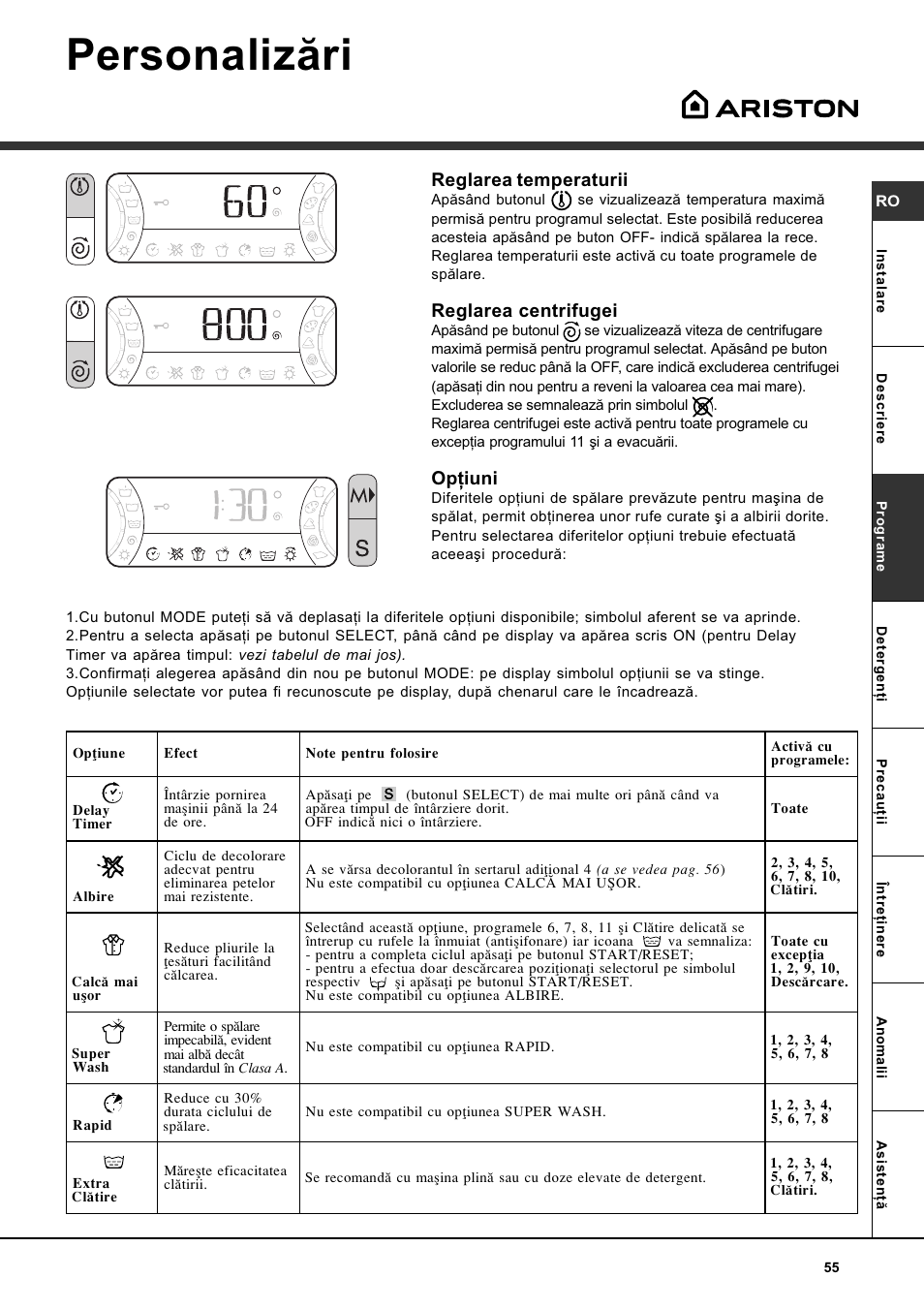 Personalizãri, Reglarea temperaturii, Reglarea centrifugei | Opþiuni | Ariston AVSD 109 User Manual | Page 55 / 84