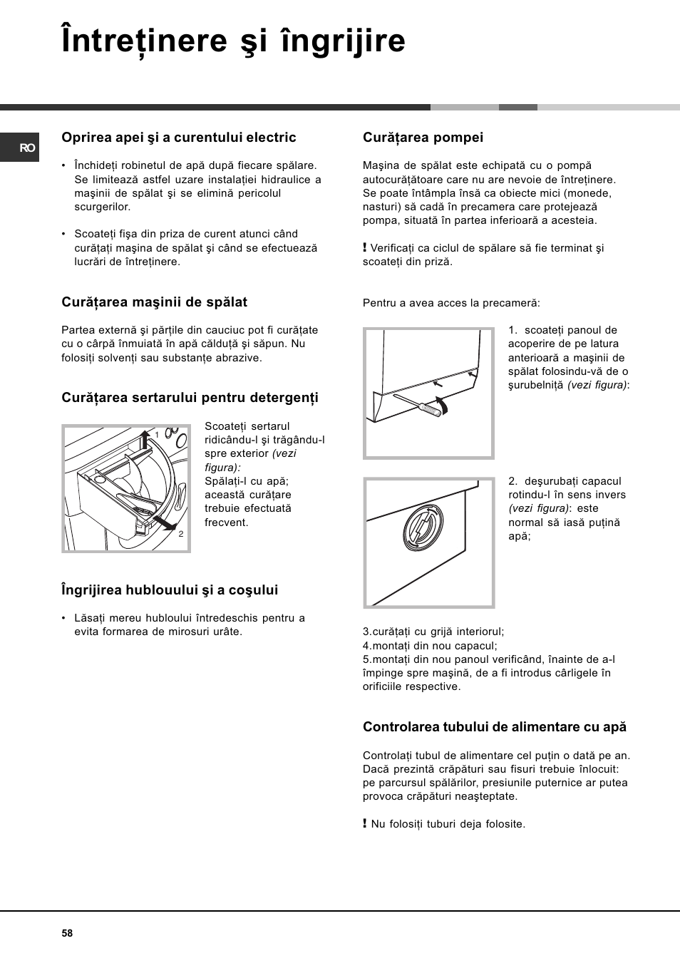Întreþinere ºi îngrijire | Ariston AVSD 109 User Manual | Page 58 / 84