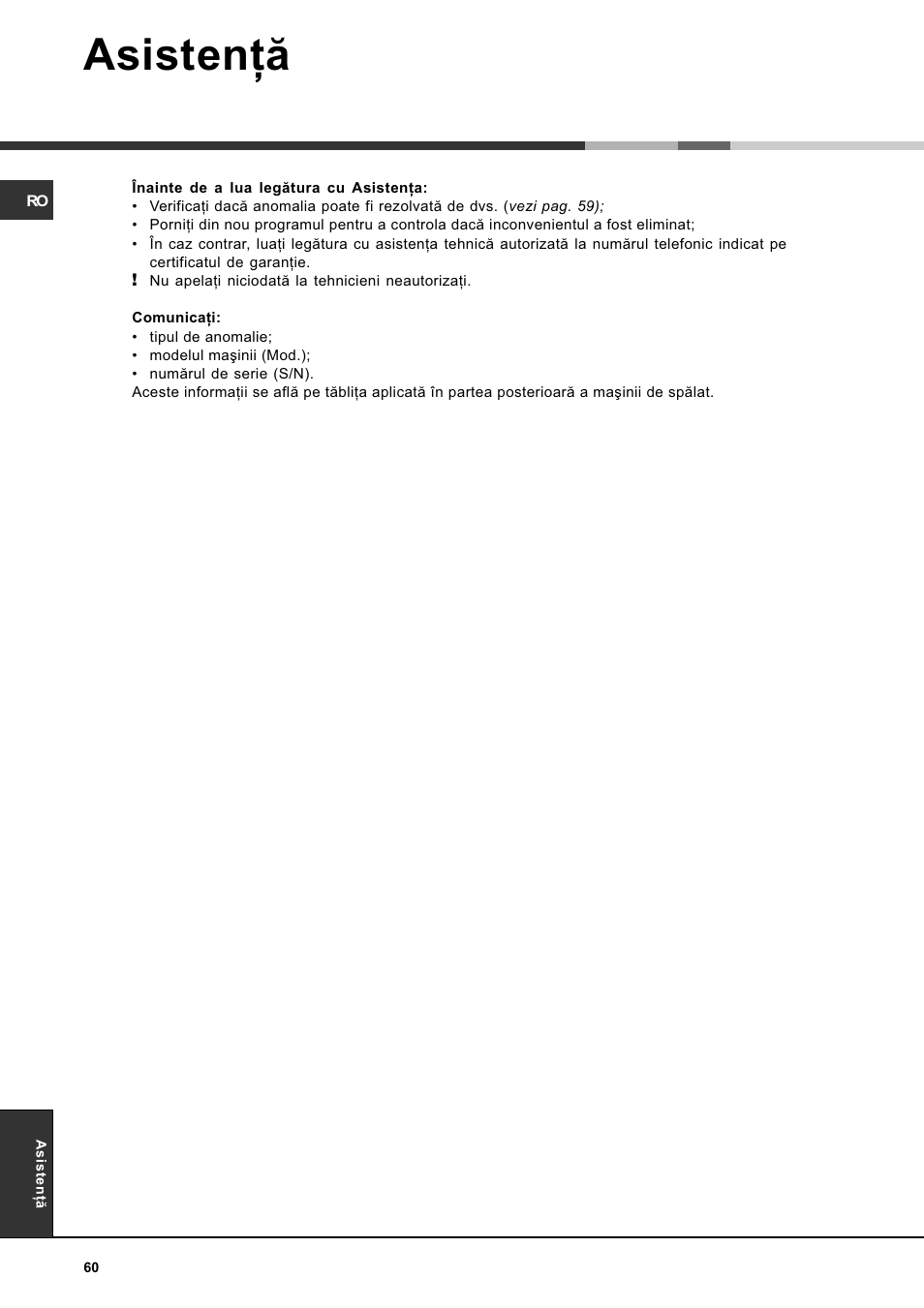 Asistenþã | Ariston AVSD 109 User Manual | Page 60 / 84