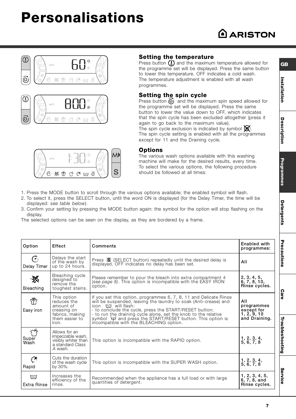 Personalisations, Setting the temperature, Setting the spin cycle | Options | Ariston AVSD 109 User Manual | Page 7 / 84