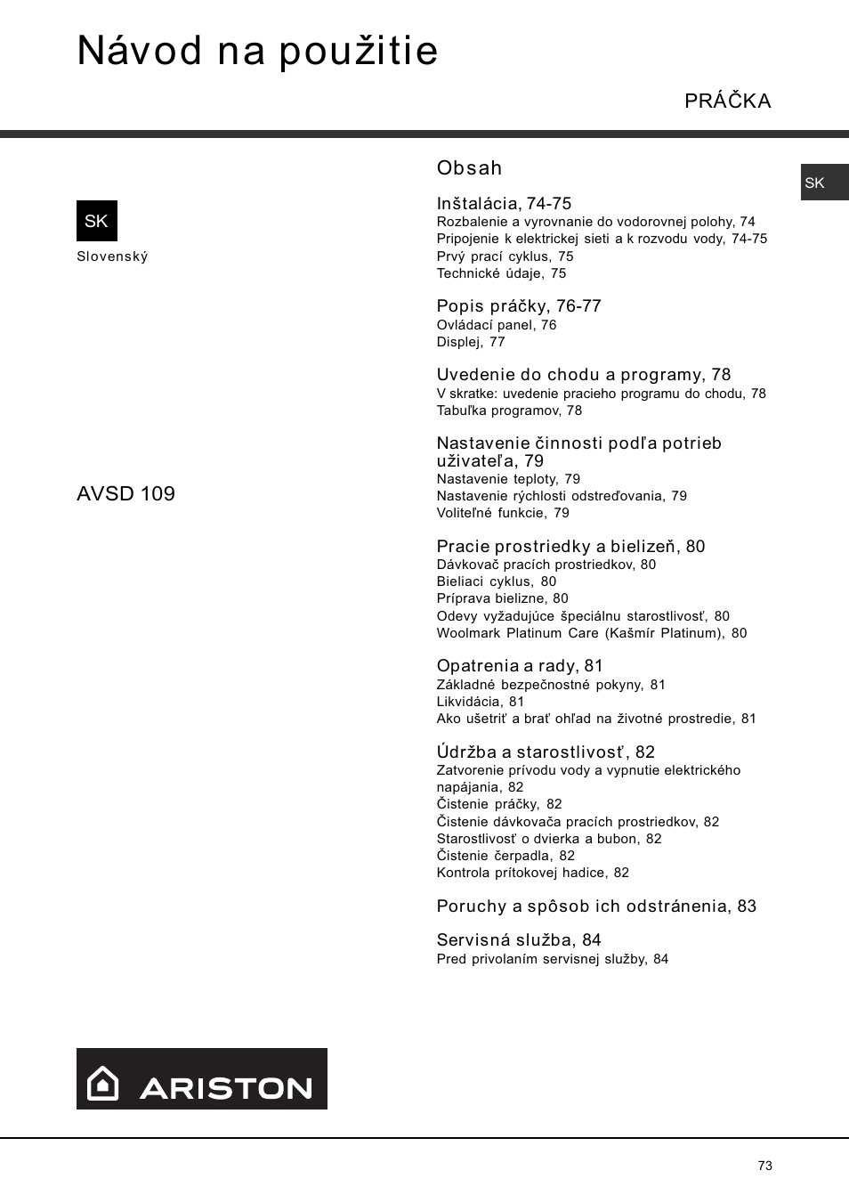 Ariston AVSD 109 User Manual | Page 73 / 84