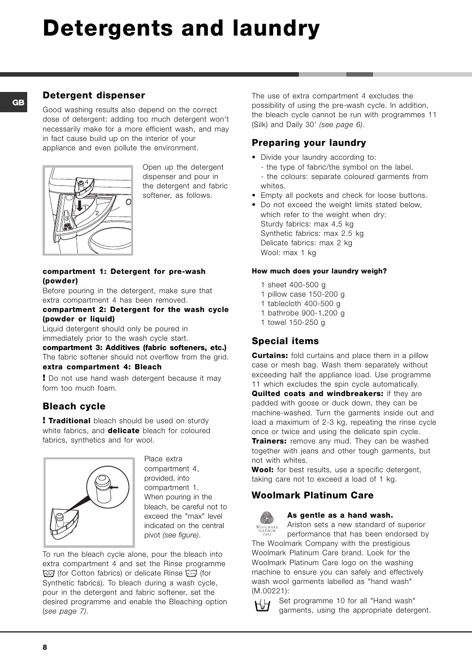 Detergents and laundry, Detergent dispenser, Bleach cycle | Preparing your laundry, Special items, Woolmark platinum care | Ariston AVSD 109 User Manual | Page 8 / 84