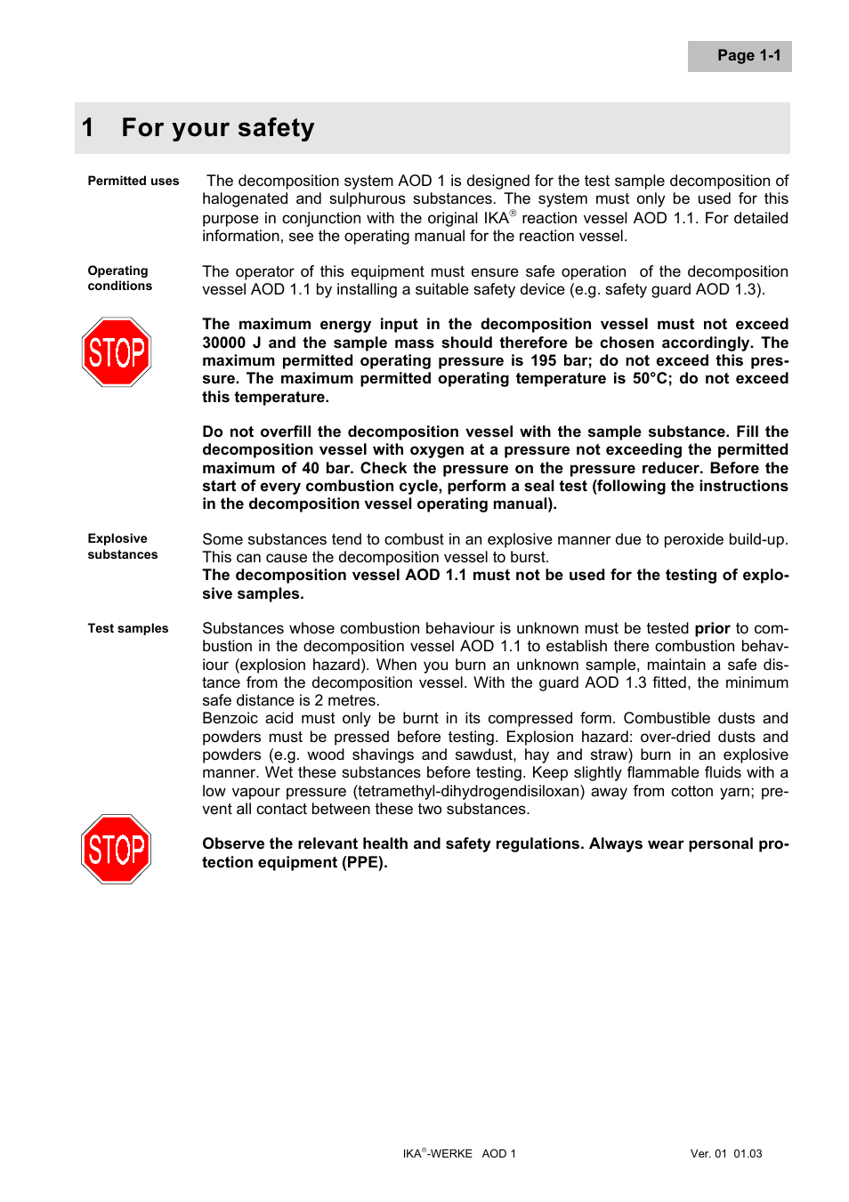 For your safety, For your safety -1, 1 for your safety | IKA AOD 1 User Manual | Page 42 / 142