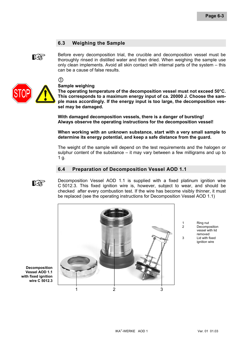 Weighing the sample, Sample weighing, Preparation of decomposition vessel aod 1.1 | Weighing the sample -3, Preparation of decomposition vessel aod 1.1 -3 | IKA AOD 1 User Manual | Page 56 / 142