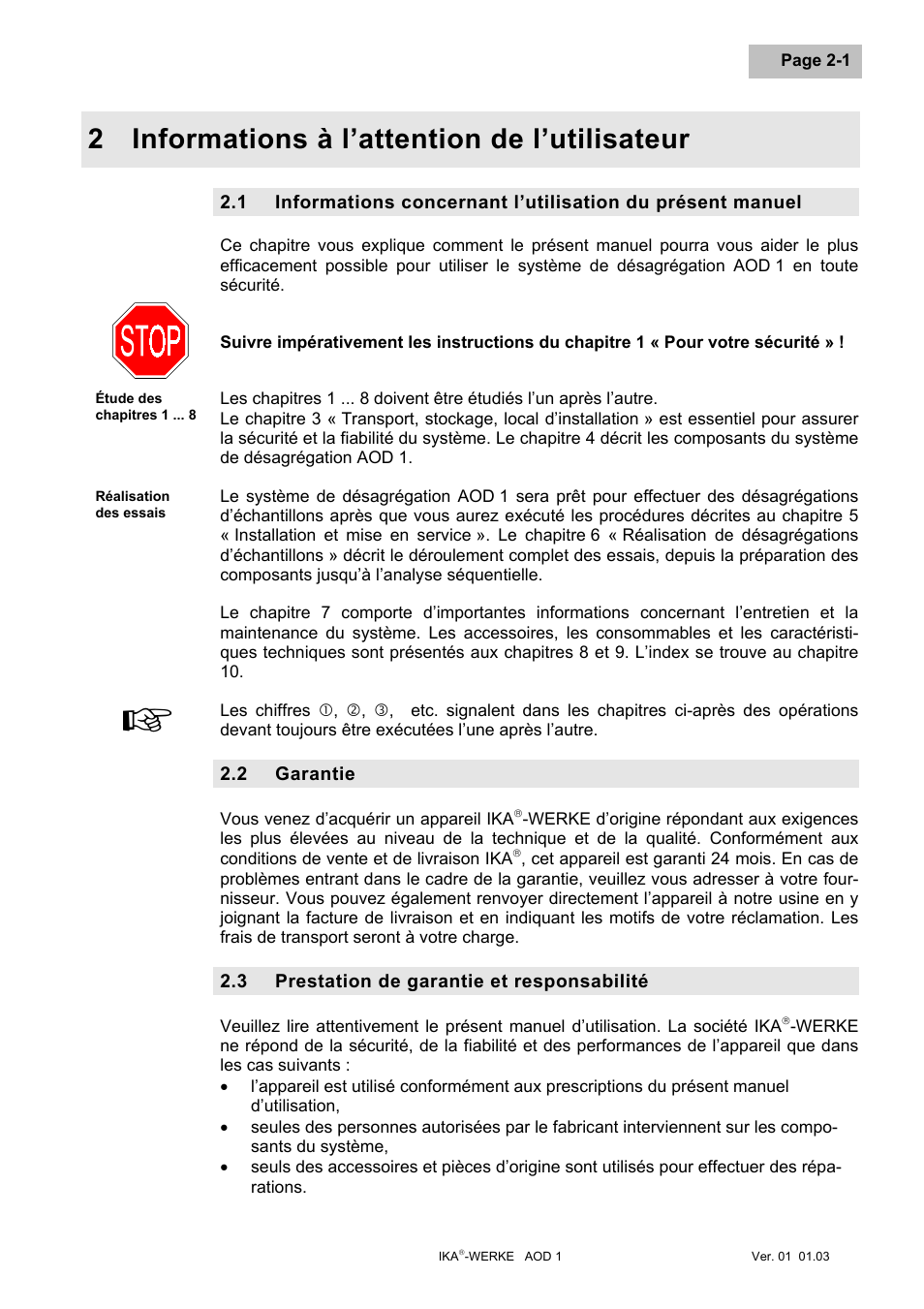 Informations à l’attention de l’utilisateur, Informations concernant l’utilisation du présent, Garantie | Prestation de garantie et responsabilité, Informations à l’attention de l’utilisateur -1, Garantie -1, Prestation de garantie et responsabilité -1, 2 informations à l’attention de l’utilisateur | IKA AOD 1 User Manual | Page 77 / 142