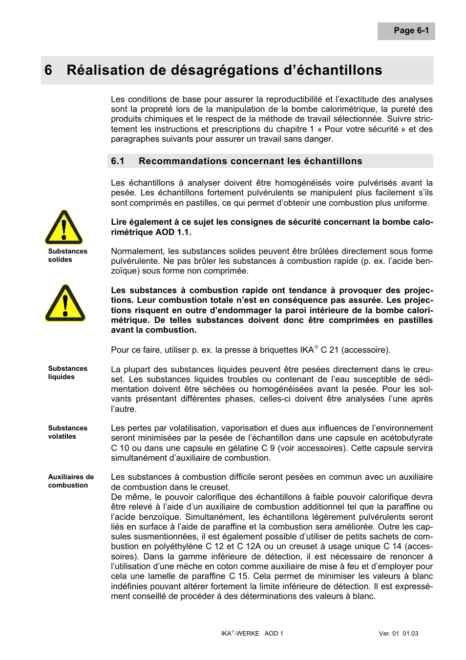 Réalisation de désagrégations d’échantillons, Recommandations concernant les échantillons, Réalisation de désagrégations d’échantillons -1 | Recommandations concernant les échantillons -1, 6 réalisation de désagrégations d’échantillons | IKA AOD 1 User Manual | Page 87 / 142
