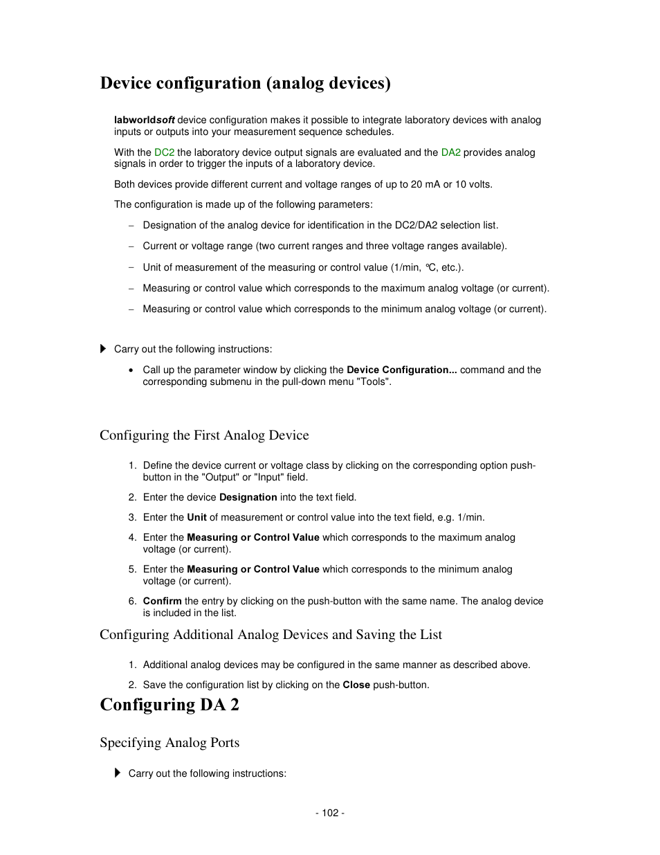 Hylfh frqiljxudwlrq dqdorj ghylfhv, Rqiljxulqj, Configuring the first analog device | Specifying analog ports | IKA labworldsoft User Manual | Page 102 / 158
