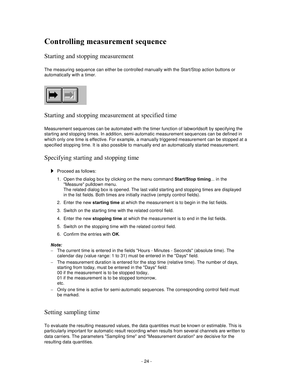 Rqwuroolqj phdvxuhphqw vhtxhqfh, Starting and stopping measurement, Specifying starting and stopping time | Setting sampling time | IKA labworldsoft User Manual | Page 24 / 158