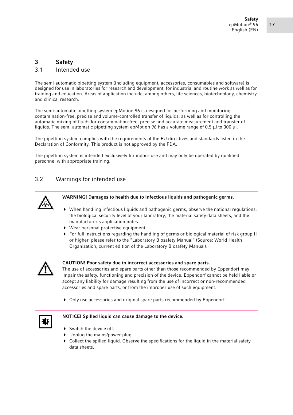 3 safety, 1 intended use, 2 warnings for intended use | Safety 3.1, Intended use, Warnings for intended use | Eppendorf epMotion 96 User Manual | Page 17 / 76