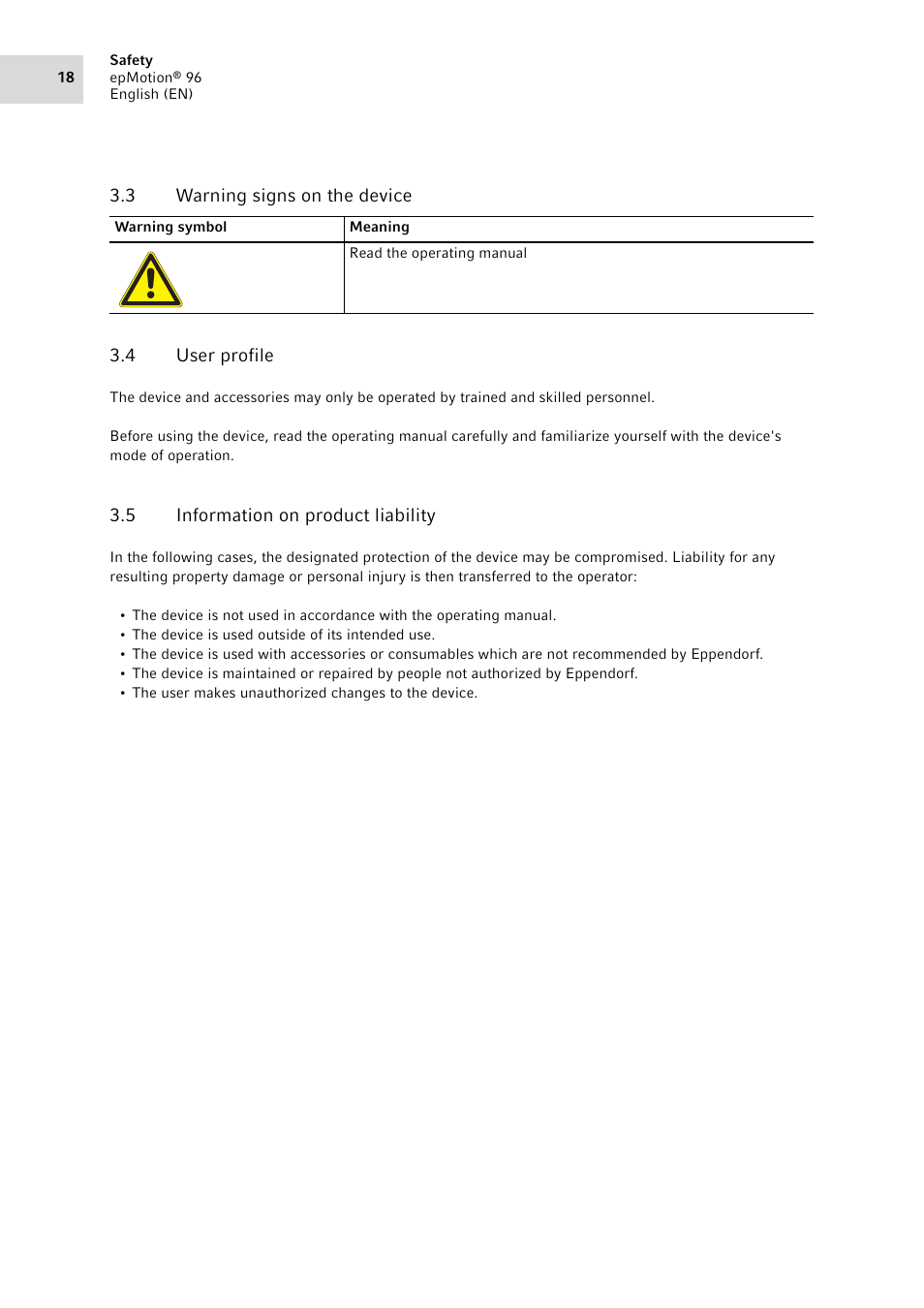 3 warning signs on the device, 4 user profile, 5 information on product liability | Warning signs on the device, User profile, Information on product liability | Eppendorf epMotion 96 User Manual | Page 18 / 76