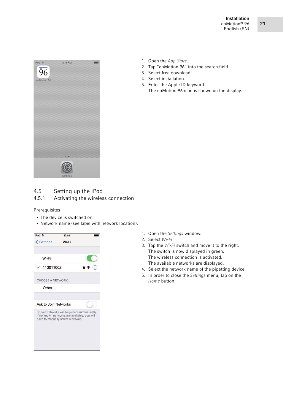 5 setting up the ipod, 1 activating the wireless connection, Setting up the ipod 4.5.1 | Activating the wireless connection | Eppendorf epMotion 96 User Manual | Page 21 / 76