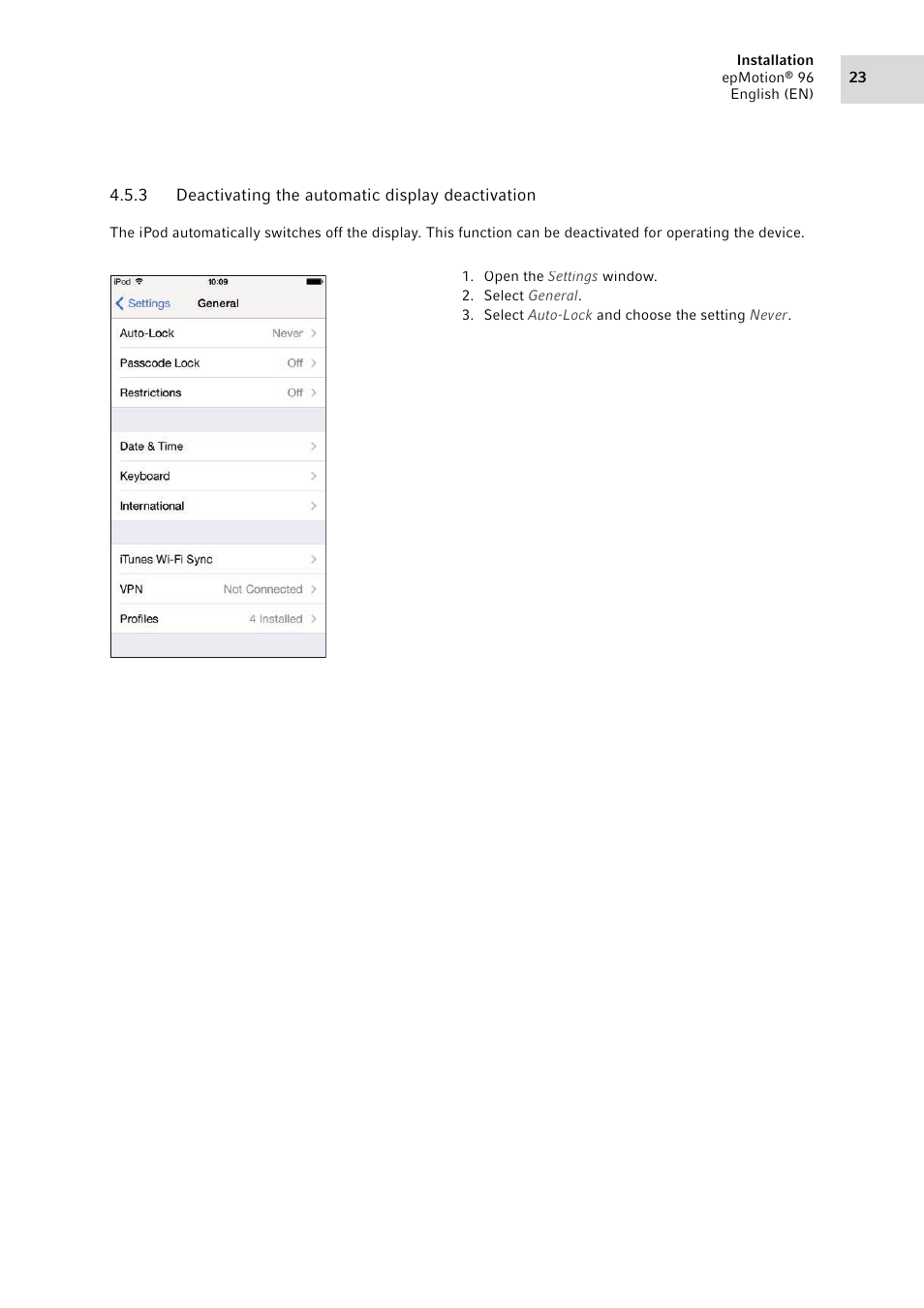 3 deactivating the automatic display deactivation, Deactivating the automatic display deactivation | Eppendorf epMotion 96 User Manual | Page 23 / 76