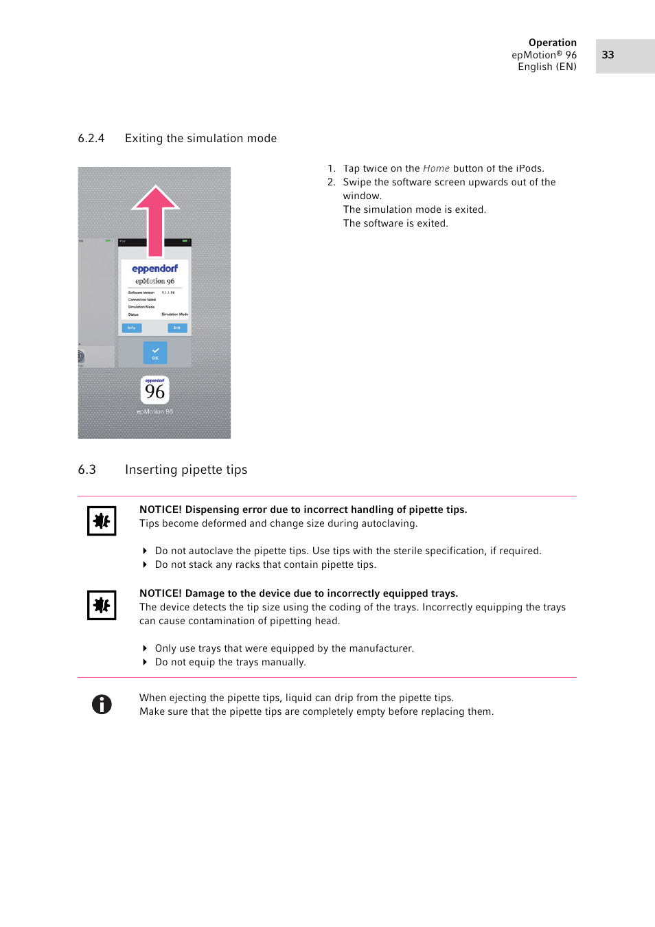 4 exiting the simulation mode, 3 inserting pipette tips, Exiting the simulation mode | Inserting pipette tips | Eppendorf epMotion 96 User Manual | Page 33 / 76