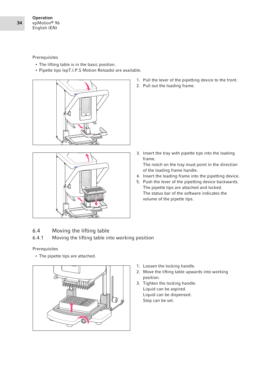 4 moving the lifting table, 1 moving the lifting table into working position, Moving the lifting table 6.4.1 | Moving the lifting table into working position | Eppendorf epMotion 96 User Manual | Page 34 / 76