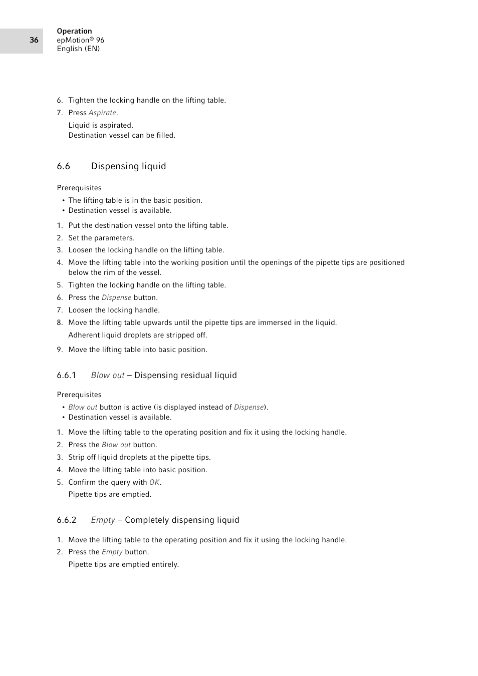 6 dispensing liquid, 1 blow out – dispensing residual liquid, 2 empty – completely dispensing liquid | Dispensing liquid 6.6.1, Blow out – dispensing residual liquid, Empty – completely dispensing liquid | Eppendorf epMotion 96 User Manual | Page 36 / 76