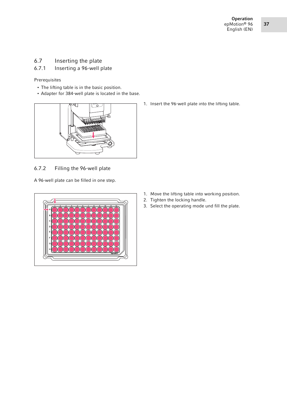 7 inserting the plate, 1 inserting a 96-well plate, 2 filling the 96-well plate | Inserting the plate 6.7.1, Inserting a 96-well plate, Filling the 96-well plate, 37 operation epmotion, 96 english (en) | Eppendorf epMotion 96 User Manual | Page 37 / 76