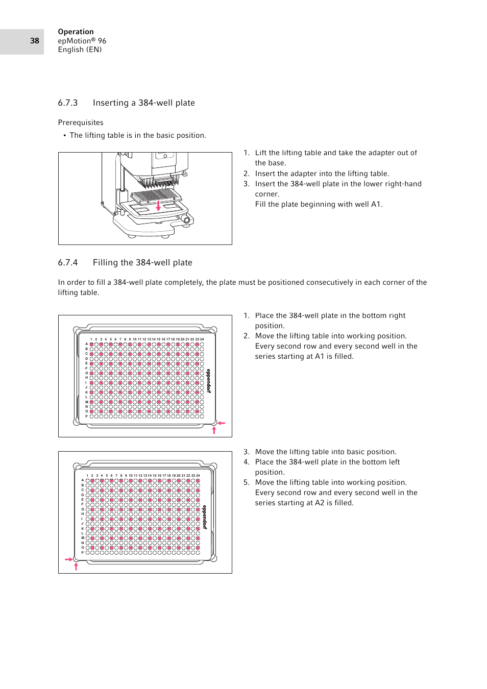 3 inserting a 384-well plate, 4 filling the 384-well plate, Inserting a 384-well plate | Filling the 384-well plate | Eppendorf epMotion 96 User Manual | Page 38 / 76