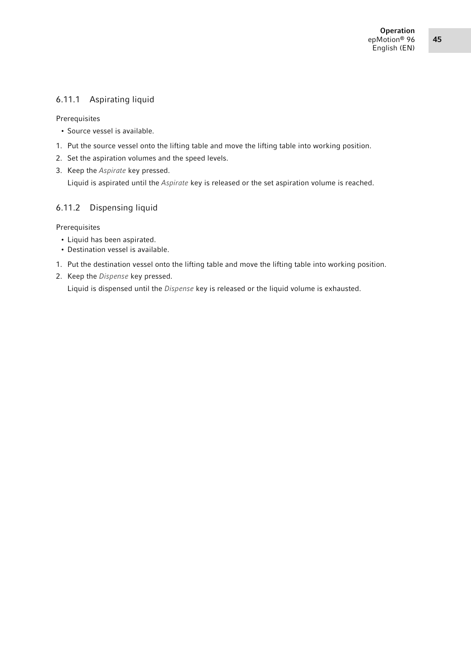 1 aspirating liquid, 2 dispensing liquid, Aspirating liquid | Dispensing liquid | Eppendorf epMotion 96 User Manual | Page 45 / 76