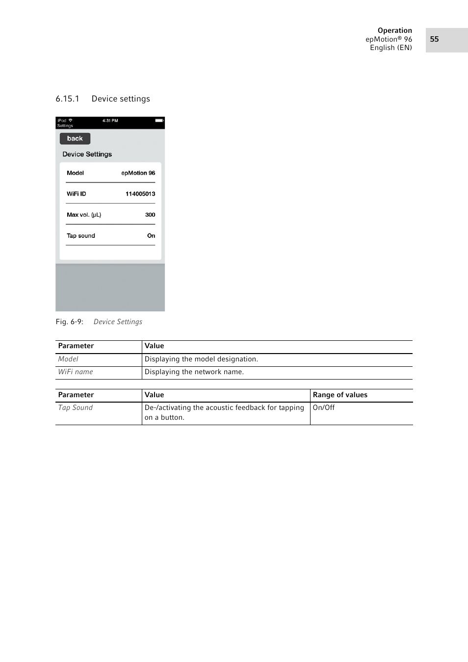1 device settings, Device settings | Eppendorf epMotion 96 User Manual | Page 55 / 76