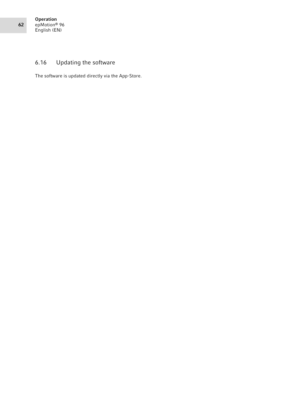 16 updating the software, Updating the software | Eppendorf epMotion 96 User Manual | Page 62 / 76