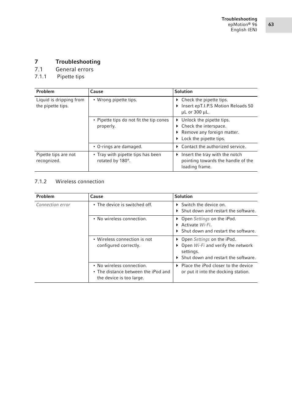 7 troubleshooting, 1 general errors, 1 pipette tips | 2 wireless connection, Troubleshooting 7.1, General errors 7.1.1, Pipette tips, Wireless connection, 7troubleshooting 7.1 general errors | Eppendorf epMotion 96 User Manual | Page 63 / 76