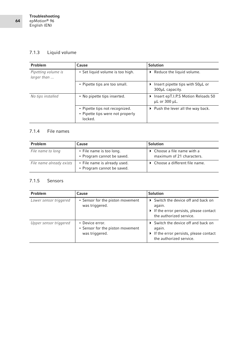 3 liquid volume, 4 file names, 5 sensors | Liquid volume, File names, Sensors | Eppendorf epMotion 96 User Manual | Page 64 / 76