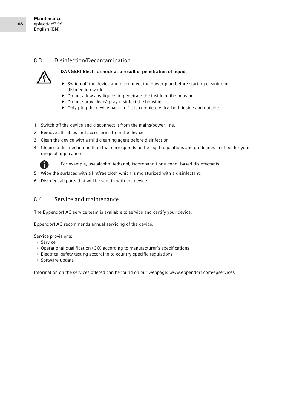 3 disinfection/decontamination, 4 service and maintenance, Disinfection/decontamination | Service and maintenance | Eppendorf epMotion 96 User Manual | Page 66 / 76