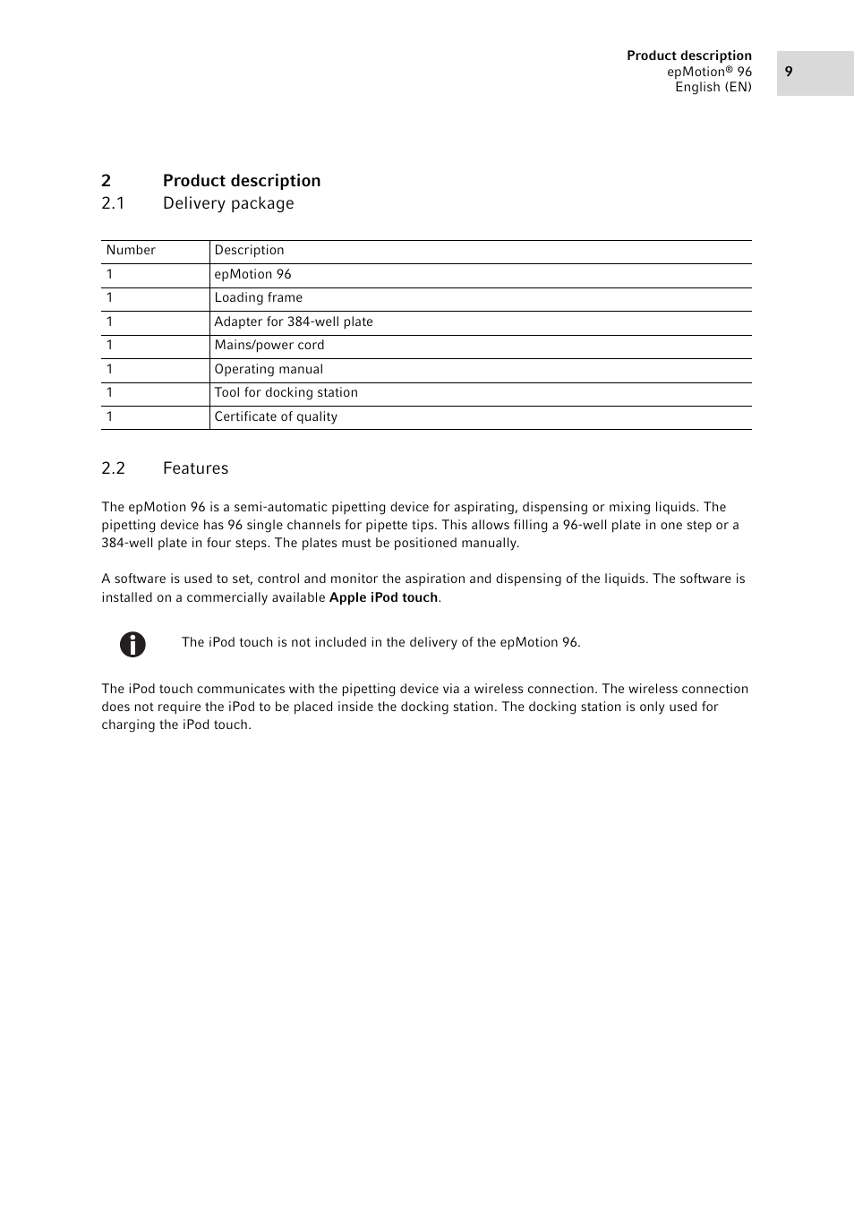 2 product description, 1 delivery package, 2 features | Product description 2.1, Delivery package, Features | Eppendorf epMotion 96 User Manual | Page 9 / 76