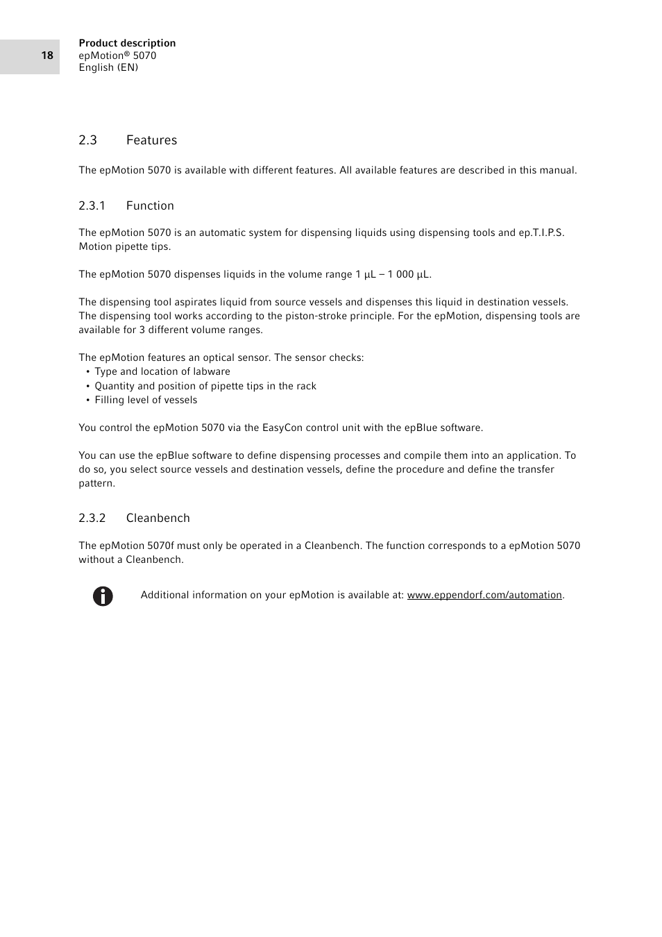 3 features, 1 function, 2 cleanbench | Features 2.3.1, Function, Cleanbench | Eppendorf epMotion 5070 User Manual | Page 18 / 100