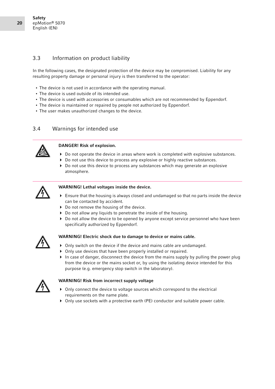 3 information on product liability, 4 warnings for intended use, Information on product liability | Warnings for intended use | Eppendorf epMotion 5070 User Manual | Page 20 / 100