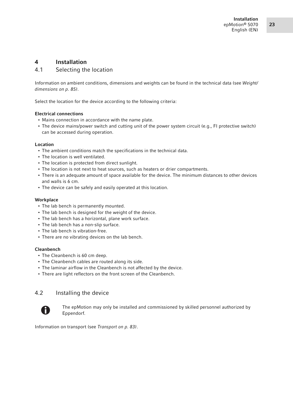 4 installation, 1 selecting the location, 2 installing the device | Installation 4.1, Selecting the location, Installing the device | Eppendorf epMotion 5070 User Manual | Page 23 / 100