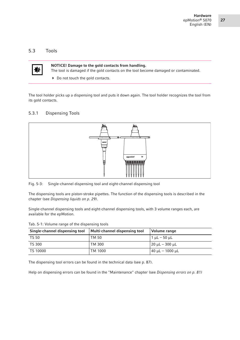 3 tools, 1 dispensing tools, Tools 5.3.1 | Dispensing tools | Eppendorf epMotion 5070 User Manual | Page 27 / 100